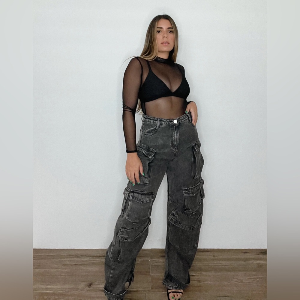 Black Denim Cargo Pants
